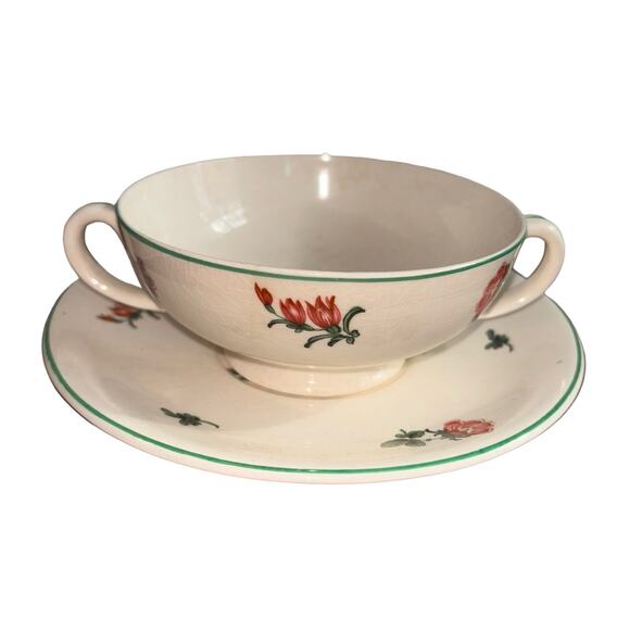 Bristol England Vintage Pair 2 Handle Bowl  & Saucer Floral Pattern Reproduction - Picture 3 of 8